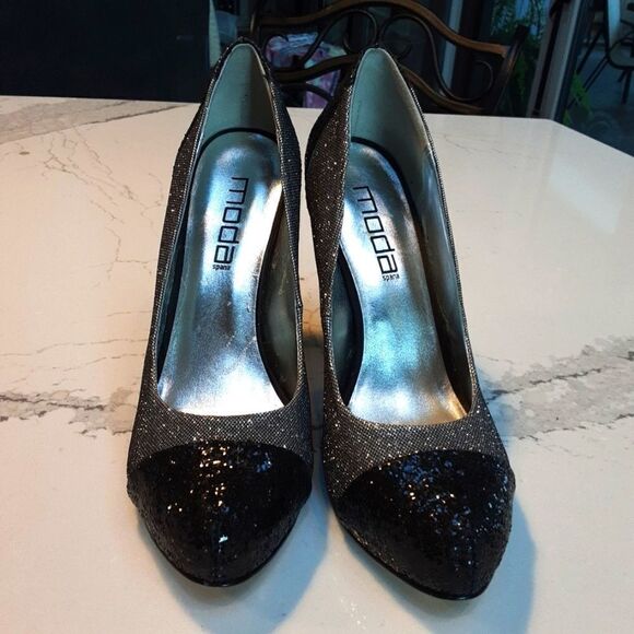 Moda Spana Heels Vero Cuoio Sparkly 4.5" Heel Black Silver S 8 - Picture 3 of 13